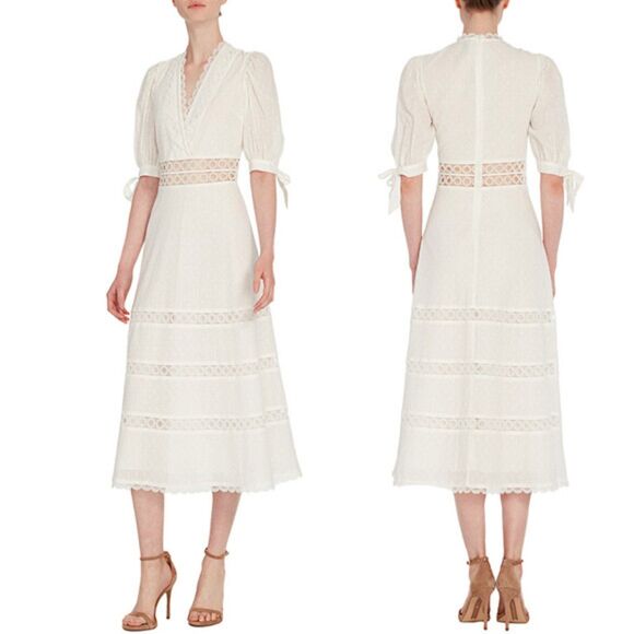 NWT Monique Lhuillier Swiss Dot Lace‑Trim Midi Fit & Flare White Cotton Dress 10 - Picture 1 of 16